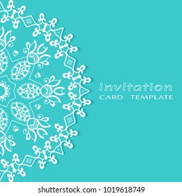 Invitation or Card template with lace border pattern, cutout paper, mandala frame element. Decorative openwork filigree art background for Wedding, Valentine's day greeting cards, Birthday Invitations