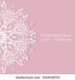 Invitation or Card template with lace border pattern, cutout paper, mandala frame element. Decorative openwork filigree art background for Wedding, Valentine's day greeting cards, Birthday Invitations