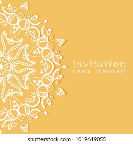 Invitation or Card template with lace border pattern, cutout paper, mandala frame element. Decorative openwork filigree art background for Wedding, Valentine's day greeting cards, Birthday Invitations
