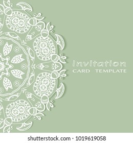 Invitation or Card template with lace border pattern, cutout paper, mandala frame element. Decorative openwork filigree art background for Wedding, Valentine's day greeting cards, Birthday Invitations
