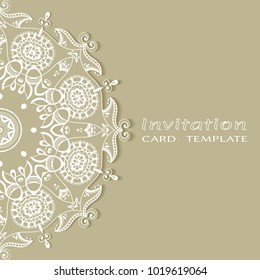 Invitation or Card template with lace border pattern, cutout paper, mandala frame element. Decorative openwork filigree art background for Wedding, Valentine's day greeting cards, Birthday Invitations