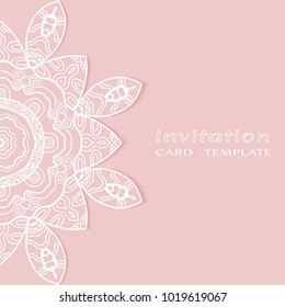 Invitation or Card template with lace border pattern, cutout paper, mandala frame element. Decorative openwork filigree art background for Wedding, Valentine's day greeting cards, Birthday Invitations