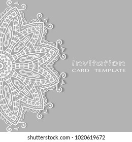 Invitation or Card template with lace border pattern, cutout paper, mandala frame element. Decorative openwork filigree art background for Wedding, Valentine's day greeting cards, Birthday Invitations