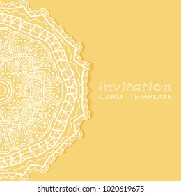 Invitation or Card template with lace border pattern, cutout paper, mandala frame element. Decorative openwork filigree art background for Wedding, Valentine's day greeting cards, Birthday Invitations
