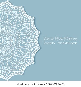 Invitation or Card template with lace border pattern, cutout paper, mandala frame element. Decorative openwork filigree art background for Wedding, Valentine's day greeting cards, Birthday Invitations