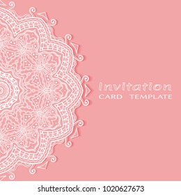 Invitation or Card template with lace border pattern, cutout paper, mandala frame element. Decorative openwork filigree art background for Wedding, Valentine's day greeting cards, Birthday Invitations