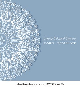 Invitation or Card template with lace border pattern, cutout paper, mandala frame element. Decorative openwork filigree art background for Wedding, Valentine's day greeting cards, Birthday Invitations