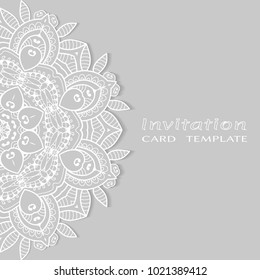 Invitation or Card template with lace border pattern, cutout paper, mandala frame element. Decorative openwork filigree art background for Wedding, Valentine's day greeting cards, Birthday Invitations