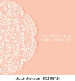 Invitation or Card template with lace border pattern, cutout paper, mandala frame element. Decorative openwork filigree art background for Wedding, Valentine's day greeting cards, Birthday Invitations