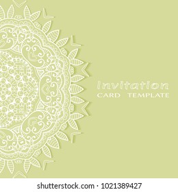 Invitation or Card template with lace border pattern, cutout paper, mandala frame element. Decorative openwork filigree art background for Wedding, Valentine's day greeting cards, Birthday Invitations