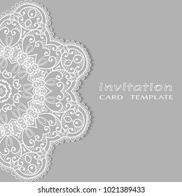 Invitation or Card template with lace border pattern, cutout paper, mandala frame element. Decorative openwork filigree art background for Wedding, Valentine's day greeting cards, Birthday Invitations