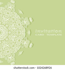 Invitation or Card template with lace border pattern, cutout paper, mandala frame element. Decorative openwork filigree art background for Wedding, Valentine's day greeting cards, Birthday Invitations