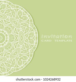 Invitation or Card template with lace border pattern, cutout paper, mandala frame element. Decorative openwork filigree art background for Wedding, Valentine's day greeting cards, Birthday Invitations