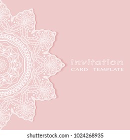 Invitation or Card template with lace border pattern, cutout paper, mandala frame element. Decorative openwork filigree art background for Wedding, Valentine's day greeting cards, Birthday Invitations