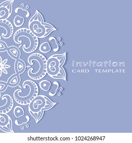Invitation or Card template with lace border pattern, cutout paper, mandala frame element. Decorative openwork filigree art background for Wedding, Valentine's day greeting cards, Birthday Invitations