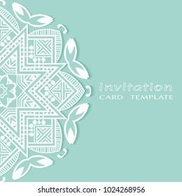 Invitation or Card template with lace border pattern, cutout paper, mandala frame element. Decorative openwork filigree art background for Wedding, Valentine's day greeting cards, Birthday Invitations