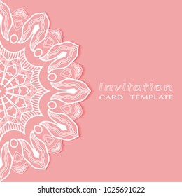 Invitation or Card template with lace border pattern, cutout paper, mandala frame element. Decorative openwork filigree art background for Wedding, Valentine's day greeting cards, Birthday Invitations