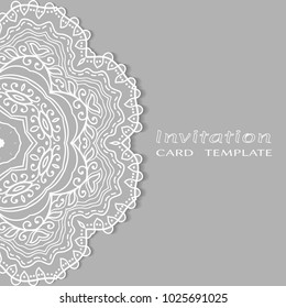 Invitation or Card template with lace border pattern, cutout paper, mandala frame element. Decorative openwork filigree art background for Wedding, Valentine's day greeting cards, Birthday Invitations