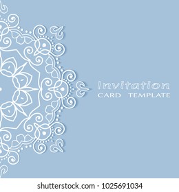 Invitation or Card template with lace border pattern, cutout paper, mandala frame element. Decorative openwork filigree art background for Wedding, Valentine's day greeting cards, Birthday Invitations