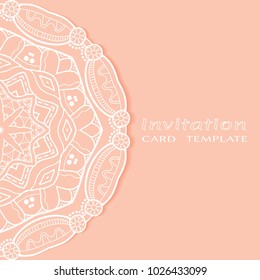 Invitation or Card template with lace border pattern, cutout paper, mandala frame element. Decorative openwork filigree art background for Wedding, Valentine's day greeting cards, Birthday Invitations