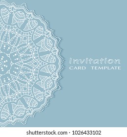 Invitation or Card template with lace border pattern, cutout paper, mandala frame element. Decorative openwork filigree art background for Wedding, Valentine's day greeting cards, Birthday Invitations