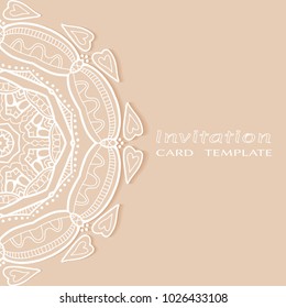 Invitation or Card template with lace border pattern, cutout paper, mandala frame element. Decorative openwork filigree art background for Wedding, Valentine's day greeting cards, Birthday Invitations