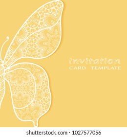 Invitation or Card template with lace border pattern, cutout paper. Decorative openwork filigree art, butterfly background for Wedding, Valentine's day greeting cards, Birthday Invitations
