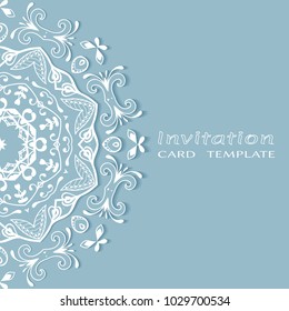 Invitation or Card template with lace border pattern, cutout paper, mandala frame element. Decorative openwork filigree art background for Wedding, Valentine's day greeting cards, Birthday Invitations