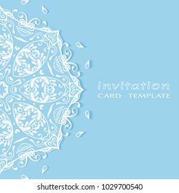 Invitation or Card template with lace border pattern, cutout paper, mandala frame element. Decorative openwork filigree art background for Wedding, Valentine's day greeting cards, Birthday Invitations