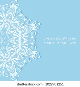 Invitation or Card template with lace border pattern, cutout paper, mandala frame element. Decorative openwork filigree art background for Wedding, Valentine's day greeting cards, Birthday Invitations