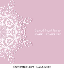 Invitation or Card template with lace border pattern, cutout paper, mandala frame element. Decorative openwork filigree art background for Wedding, Valentine's day greeting cards, Birthday Invitations