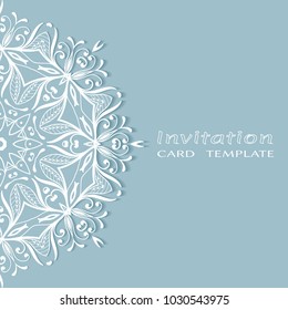 Invitation or Card template with lace border pattern, cutout paper, mandala frame element. Decorative openwork filigree art background for Wedding, Valentine's day greeting cards, Birthday Invitations