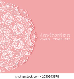 Invitation or Card template with lace border pattern, cutout paper, mandala frame element. Decorative openwork filigree art background for Wedding, Valentine's day greeting cards, Birthday Invitations