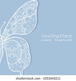 Invitation or Card template with lace border pattern, cutout paper. Decorative openwork filigree art, butterfly wing background for Wedding, Valentine's day greeting cards, Birthday Invitations