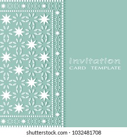 Invitation or Card template with lace border pattern, cutout paper, mandala frame element. Decorative openwork filigree art background for Wedding, Valentine's day greeting cards, Birthday Invitations