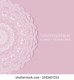 Invitation or Card template with lace border pattern, cutout paper, mandala frame element. Decorative openwork filigree art background for Wedding, Valentine's day greeting cards, Birthday Invitations