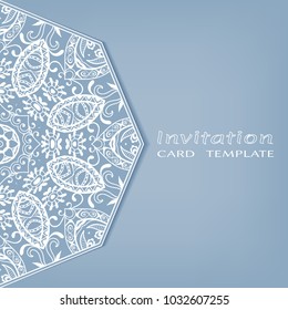 Invitation or Card template with lace border pattern, cutout paper, mandala frame element. Decorative openwork filigree art background for Wedding, Valentine's day greeting cards, Birthday Invitations