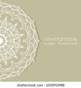 Invitation or Card template with lace border pattern, cutout paper, mandala frame element. Decorative openwork filigree art background for Wedding, Valentine's day greeting cards, Birthday Invitations