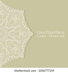 Invitation or Card template with lace border pattern, cutout paper, mandala frame element. Decorative openwork filigree art background for Wedding, Valentine's day greeting cards, Birthday Invitations