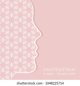 Invitation or Card template with lace border, cutout paper. Girl face profile. Decorative openwork filigree art background for Wedding, Valentine's day greeting cards, Birthday Invitations