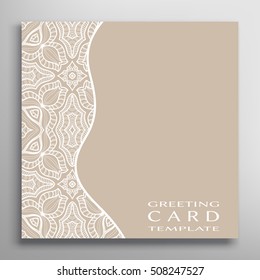 Invitation or Card template with lace border pattern. Decorative abstract geometric line background. Luxury postcard for Wedding, Bridal, Valentine's day, greeting cards, Birthday Invitations