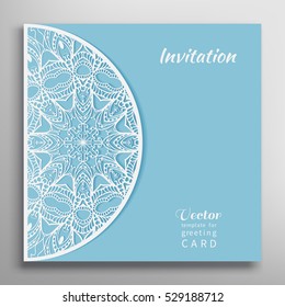 Invitation or Card template with lace border pattern. Decorative openwork filigree template for Wedding, Bridal, Valentine's day, greeting cards, Birthday Invitations. Cutout panel for laser cutting