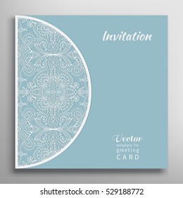 Invitation or Card template with lace border pattern. Decorative openwork filigree template for Wedding Bridal, Valentine's day greeting cards, Birthday Invitations. Abstract geometric line background