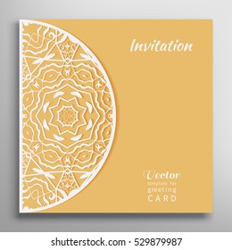 Invitation or Card template with lace border pattern. Decorative openwork filigree template for Wedding Bridal, Valentine's day greeting cards, Birthday Invitations. Abstract graphic background
