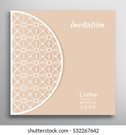 Invitation or Card template with lace border pattern. Decorative openwork filigree template for Wedding, Bridal, Valentine's day, greeting cards, Birthday Invitations. Cutout panel for laser cutting
