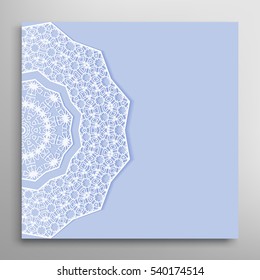 Invitation or Card template with lace border pattern. Decorative openwork filigree template for Wedding Bridal, Valentine's day greeting cards, Birthday Invitations. New Year snowflake background