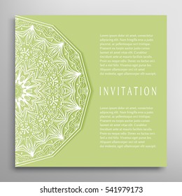 Invitation or Card template with lace border pattern. Decorative openwork filigree template for Wedding Bridal, Valentine's day greeting cards, Birthday Invitations. Abstract graphic background