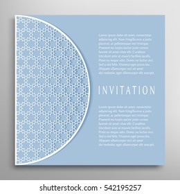 Invitation or Card template with lace border pattern. Decorative openwork filigree template for Wedding Bridal, Valentine's day greeting cards, Birthday Invitations. Abstract graphic background