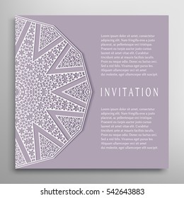 Invitation or Card template with lace border pattern. Decorative openwork filigree template for Wedding Bridal, Valentine's day greeting cards, Birthday Invitations. Abstract graphic background