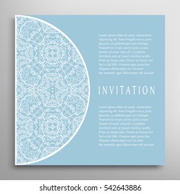 Invitation or Card template with lace border pattern. Decorative openwork filigree template for Wedding Bridal, Valentine's day greeting cards, Birthday Invitations. Abstract graphic background